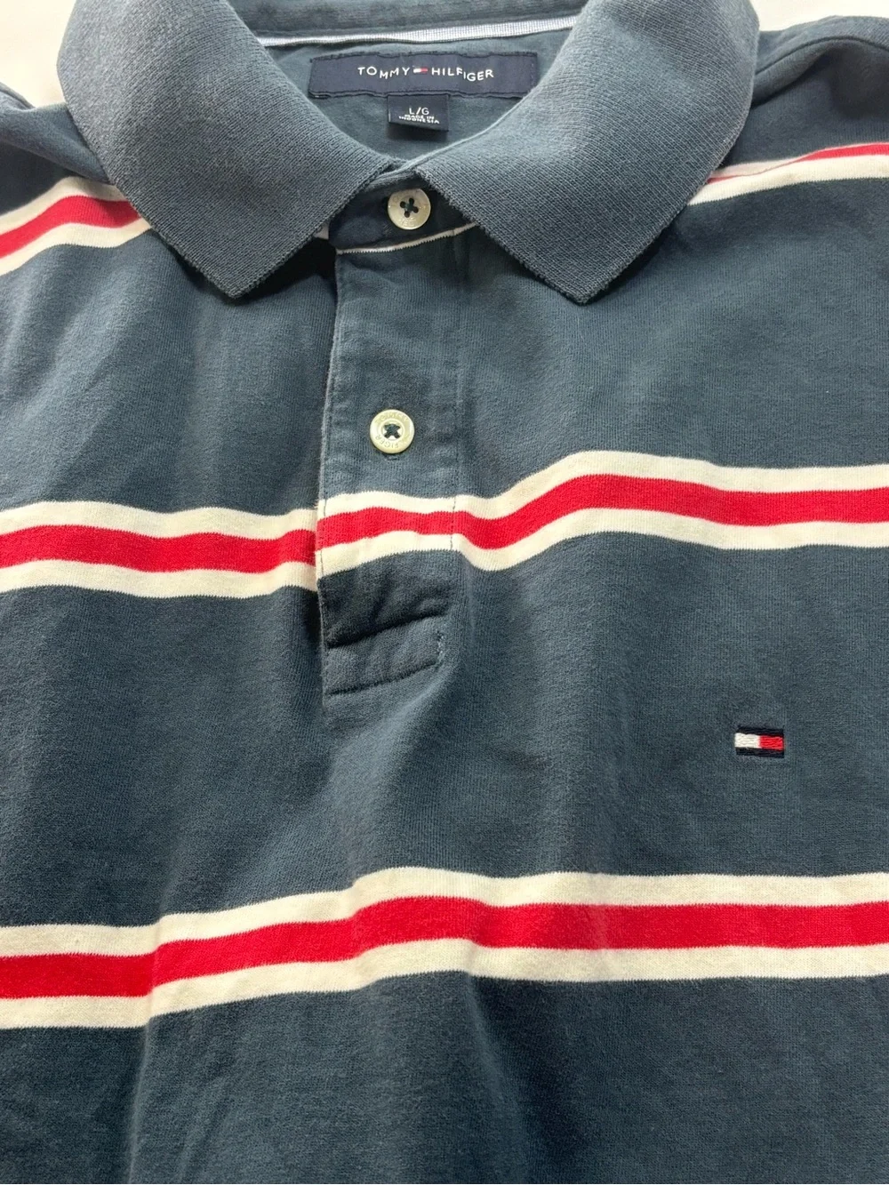 Tommy Hilfiger Navy Polo with Red and White Stripes Men’s Size Large Blue - Picture 4 of 7